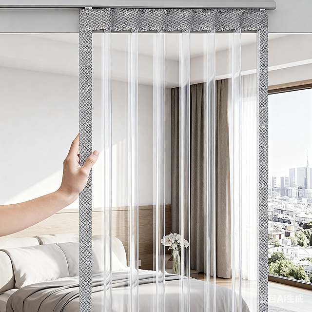 保持原图所有物品、透明薄膜材质、有一定厚度、手推动作、光影、背景等完全不变。仅将门帘的视角从侧面改为完全正面，门帘平面正对镜头，左右边缘对称。手部动作仍为推着门帘，手从画面左侧伸入，手指推在门帘边缘，门帘因推力产生轻微弯曲。其余不变，超高清，画质清晰。