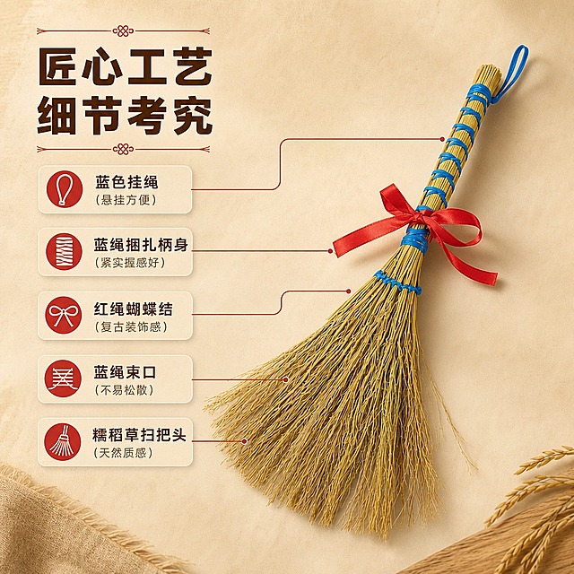 [商品] 使用【图1】糯稻草蓝绳捆扫把配红绳；保留扫把整体结构、糯稻草材质、蓝绳捆扎纹路、红绳蝴蝶结、顶部挂绳；商品处理：保留手工质感，增强各部位清晰度便于标注。
[画面] 目标：结构细节页，引线标注关键部位与工艺。构图：产品斜向摆放于画面右侧，占画面55%，左侧留白放置文字与引线；从扫把各部位引出细线标注：顶部挂绳、蓝绳捆扎柄身、红绳蝴蝶结装饰、蓝绳束口、糯稻草扫把头；背景为浅暖米色渐变底。
[视觉] 套系策略：风格=复古民俗氛围感商业摄影；标题字=阿里巴巴普惠体粗体；正文字=阿里巴巴普惠体常规；主色=稻草暖黄色；背景延展=基于暖黄色做深浅层级、同色渐变和质朴麻布/木纹质感；强调色=复古红，仅用于小面积图标、引线和标签；标题色=深棕褐色；正文色=暖灰褐色；组件=圆角米黄信息卡、细线引线、民俗风装饰线条；光影=左前侧暖柔光，柔和自然阴影。
[文字] 左上主标题「匠心工艺 细节考究」，引线标注文字分别为：蓝色挂绳（悬挂方便）、蓝绳捆扎柄身（紧实握感好）、红绳蝴蝶结（复古装饰感）、蓝绳束口（不易松散）、糯稻草扫把头（天然质感）；所有文字横向排版，清晰可读。
[规格] 图片比例1:1正方形，4K分辨率，medium质量，避免变形、错字、文字过小、冷蓝/冷灰背景、产品颜色改变、极限词违禁词、小标致图案。