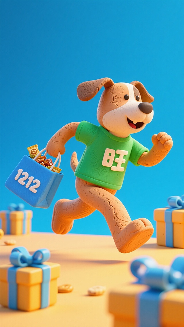 软3D粘土风格卡通小狗，身穿“旺”字绿衣，手提“1212”购物袋奔跑于礼盒间，充满可爱与喜庆感。