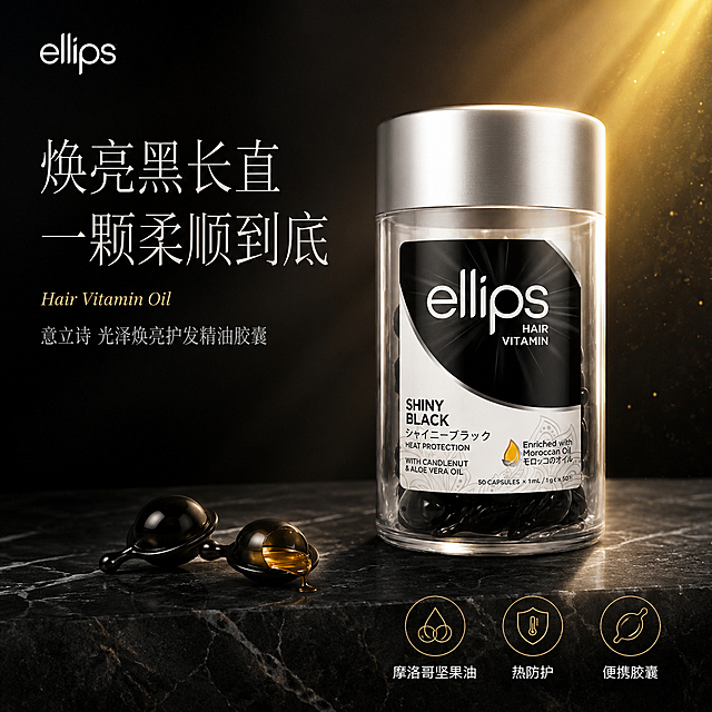 [单张主图] Ellips意立诗护发精油胶囊小黑球 高级氛围感主图 淘宝天猫1:1首图
[画面主体] 产品瓶身居中偏右，占画面约55%，正面微侧45度角展示，透明瓶身内黑色胶囊清晰可见，银色金属瓶盖有细腻金属光泽，瓶身标签的ellips品牌Logo、HAIR VITAMIN字样、SHINY BLACK字样、摩洛哥油图标与50 CAPSULES文字完整清晰。保持产品外观（即物理结构、材质质感、颜色、标签排版）与输入产品图完全一致，杜绝任何变形和色差，精细化处理瓶身通透感与胶囊颗粒质感。
[构图版式] 采用左文右物场景型高级感版式。左侧约40%区域为文字留白区，右侧产品为视觉主体，底部用深色大理石台面承托，背景为深灰到纯黑的渐变柔雾背景，整体居中偏右构图，留白充足，层次分明。
[场景元素] 深黑色渐变背景，底部深灰色大理石纹理台面，产品下方有柔和自然的投影；产品左前方散落2-3颗单独的黑色护发精油胶囊，其中1颗被切开露出金黄色精油内芯，精油有晶莹剔透的流动光泽；背景有细微的金色光束从右上斜射而下，形成丁达尔光效，空气中有极淡的金色粒子漂浮；画面左上角放置从产品提取的ellips品牌Logo（白色细体字）；底部右侧有3个细线图标+短文案卖点组，分别为摩洛哥坚果油图标、热防护盾牌图标、胶囊便携图标。
[文案版式] 左上区域左对齐排版，主标题为两行大号白色细衬线字体：「焕亮黑长直」「一颗柔顺到底」，主标题字号大且纤细，字间距宽松；主标题下方一行小号浅金色英文装饰词："Hair Vitamin Oil"；主标题再下方一行更小的浅灰色辅助文案：「意立诗 光泽焕亮护发精油胶囊」。底部右侧横向排列3组细线图标+短文案，图标为金色细线风格，文案为白色小号无衬线字体，分别为：「摩洛哥坚果油」「热防护」「便携胶囊」。所有文字清晰可辨，不遮挡产品主体与Logo。
[光影质感] 主光从右上方45度斜射，为柔和的金色柔光，在银色瓶盖顶部形成明亮高光带，瓶身右侧有细长高光反射；辅光从左前方补光，提亮瓶身左侧暗部与标签细节；黑色胶囊表面有珠宝般的高光点，切开的精油内部有金黄色通透光泽；背景为深黑渐变，光线集中在产品周围形成聚光效果，景深较浅，背景虚化，产品主体锐利清晰；整体光影高级、干净、有质感，类似高端美妆静物摄影。
[配色字体] 主色：深邃黑（背景）；辅助色：银色（瓶盖）、金色（光效与图标）、白色（主文案）；强调色：金黄色（精油、光效点缀）。字体：主标题使用纤细优雅的衬线体，辅助文案使用现代无衬线体，字重克制，靠留白与字号对比分层级。
[比例分辨率] 1:1正方形比例，2048*2048像素，2K超高清，文字清晰锐利，商业摄影级质感。
[负向提示词] 产品变形，文字错乱模糊，瓶身标签变形，Logo错误，背景杂乱，水印，电商平台Logo，多余的手或人物，胶囊数量错误，颜色偏差，廉价感，强描边，过度锐化，颗粒感重。