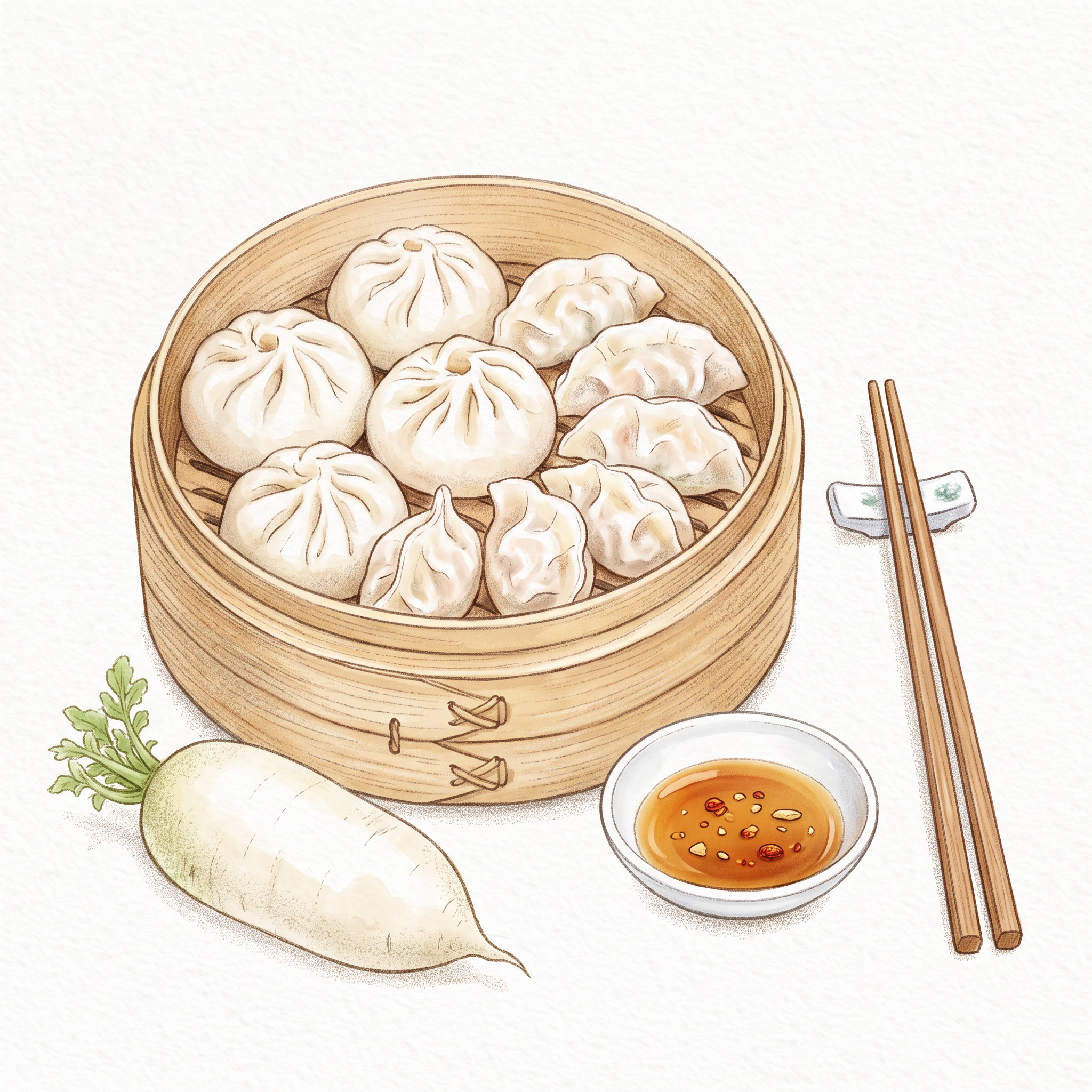 颜色明亮，参考细腻的画风，水彩手绘，清新肌理质感，广式包子水饺… - 图片创意预览