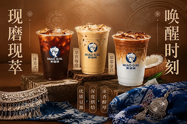 三款冰咖饮品展示，搭配苗族银饰与蓝染布艺，突出优质豆源与深度烘焙特点，适合饮品品牌宣传推广