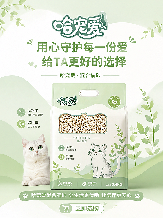 哈宠爱混合猫砂电商详情页第十二屏，整体采用清新浅绿白色系，和参考图保持一致，品牌结尾页，展示品牌哈宠爱，呼吁选购，包装和参考图保持一致，风格清新自然，简约可爱，比例3:4