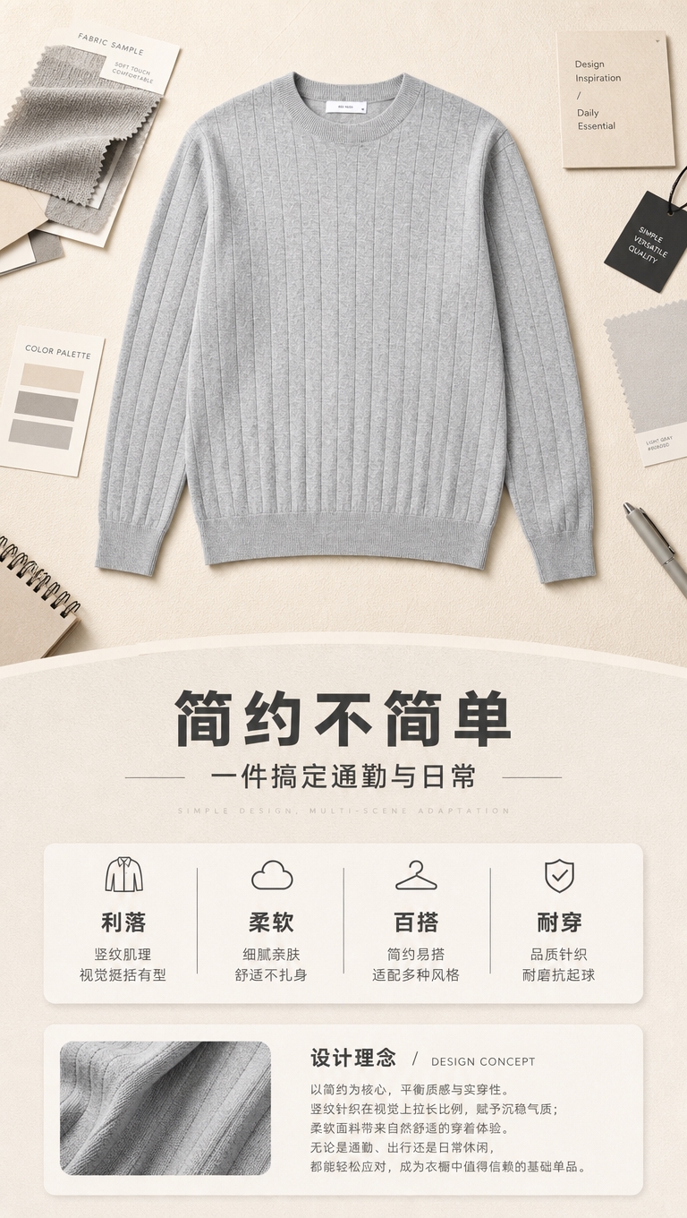 [商品] 使用【图1】浅灰色男士圆领竖纹针织衫；商品处理：保留… - 图片创意预览
