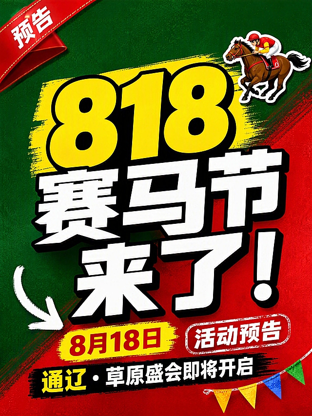 小红书笔记大字封面，纯大字，高饱和撞色赛事风，版式精美，小红书笔记封面质感，适合信息流点击。主标题必须完整呈现且为画面视觉中心，逐字锁定：「818赛马节来了！」。主标题字号占画面约55%视觉权重，清晰可读，不得增删改字。副标题：「通辽·草原盛会即将开启」。装饰短句/角标：「8月18日」「活动预告」。背景：深草原绿与藏红色斜切双色高饱和渐变，带轻微颗粒肌理，热烈有冲击力。标题排版：扁平超粗黑体sans，白色主标题加黑色粗描边与投影，「818」三字用亮黄色高亮色块底突出；采用纯大字P06切割渐变+P02高饱和撞色组合策略。装饰：1个赛马奔跑emoji贴纸置于主标题右上方空白处；另加手绘粗箭头指向副标题区，左上角有一枚红色丝带角标写着「预告」，右下角有迷你彩旗装饰，整体装饰克制不抢主标题。整体氛围：草原盛会、热血赛事、节日狂欢、活动预告感。画质：高清细腻，信息层级清晰，主标题与背景强对比，文字完整处于安全区内不可裁切，四周留安全边距。画面比例3:4，4K。