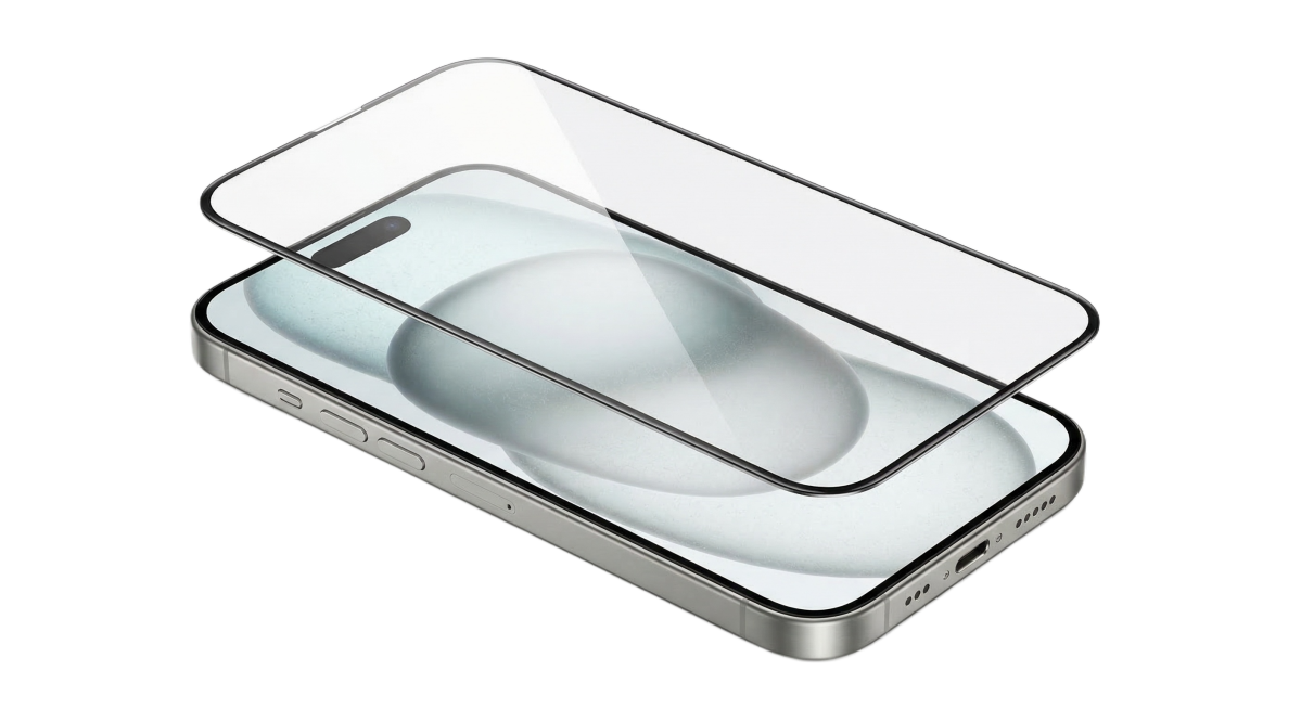 将图中的手机替换为iPhone 17，保持钢化膜悬浮展示效果，完全匹配iPhone 17的外观设计，超高清3C产品渲染图，纯白背景，高透钢化膜表面有自然光泽和弧边，玻璃质感通透，光影干净高级预览效果