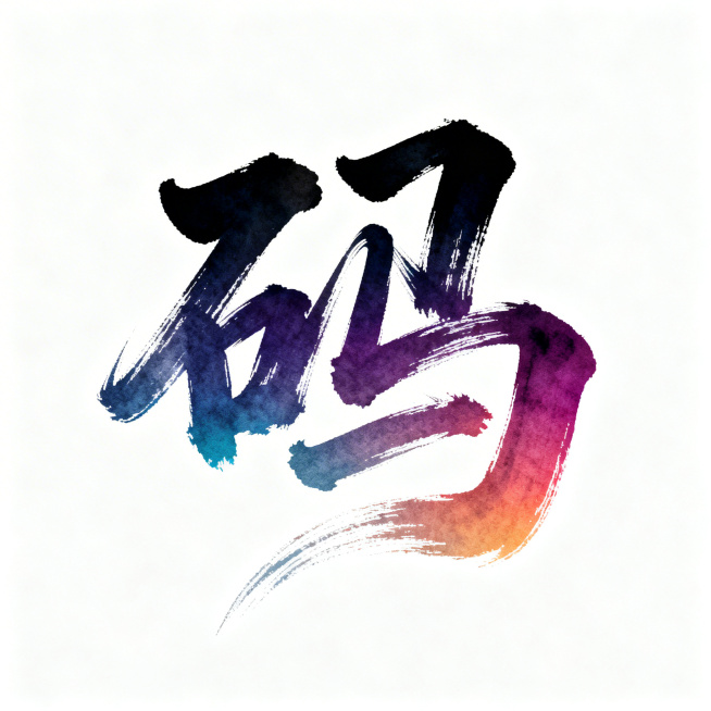 设计一个带双引号的”码“字，飘逸洒脱的毛笔字体，颜色为渐变色预览效果