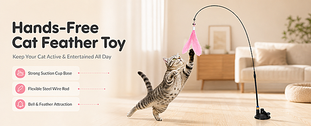 [商品] 使用【图1】吸盘式羽毛逗猫棒；保留黑色弹性钢丝长杆、吸盘底座、粉色羽毛替换头、铃铛挂件的完整结构、颜色和材质；羽毛柔软蓬松，钢丝杆呈自然弧形，吸盘底座黑色哑光质感，比例与原图一致。
[画面] 目标：氛围头图，展示产品全貌+猫咪互动第一印象。构图：左文右图，产品占画面右侧约55%，猫咪在产品下方跃起扑玩粉色羽毛，动态自然。景别：中景。前中后景：前景浅米色木地板，中景逗猫棒+虎斑猫咪跃起扑羽毛的动态，后景暖调虚化的居家客厅环境（浅色墙面、柔和自然光）。阅读动线：从左上标题到右侧产品再到下方猫咪互动。
[视觉] 套系策略：风格=跨境极简高级商业摄影；标题字=圆润现代无衬线粗体；正文字=简洁无衬线体；主色=暖米杏+柔粉；背景延展=基于暖米杏做深浅层级、同色渐变和细腻墙面/木地板质感；强调色=柔粉色，仅用于小面积图标、引线和标签；标题色=深炭灰；正文色=中暖灰；组件=圆角浅底信息卡、细线引线；光影=左前侧暖柔光，自然窗光感。
[文字] 左上留白放主标题"Hands-Free Cat Feather Toy"、副标题"Keep Your Cat Active & Entertained All Day"，下方3个短卖点：Strong Suction Cup Base、Flexible Steel Wire Rod、Bell & Feather Attraction，文字横向排版，不遮挡产品主体和猫咪。
[规格] 图片比例61:25横版，4K分辨率，避免变形、错字、文字过小、冷蓝/蓝灰背景、产品颜色改变、结构失真、猫咪姿态不自然。