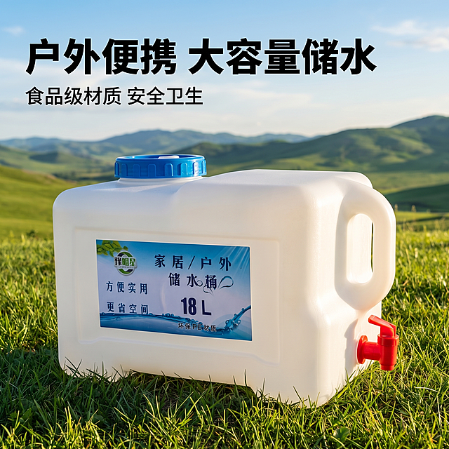 [主图 1] 户外便携大容量储水桶首图。[氛围风格] 清新自然户外实景风格，阳光明媚。[画质] 商业摄影质感、光线柔和通透、产品清晰真实、画面干净高级。[元素] 18L豫明星储水桶居中放置在翠绿的青草地面，产品主体占比约70%，远景是连绵青山和蓝天绿地，开阔自然。保持储水桶外观（物理结构、材质质感、颜色）与输入产品图绝对一致，杜绝任何变形和色差，精细化处理标签文字和品牌logo，文字清晰可辨。画面满屏无边框，背景干净不抢产品主体。[光影] 晴朗白天的自然侧光，光线明亮通透，草地和水桶有柔和的自然阴影，远山背景有空气透视感，整体明亮清新。[配色] 主色调为草地绿色和水桶米白色，远山蓝灰色，清新自然配色。[视角构图] 平视角度，水桶产品为视觉中心，近中远景层次分明，景深自然。[文字版式] 左上负空间左对齐留安全边距，主标题 "户外便携 大容量储水" 白色最大号粗体无衬字体，副标题 "食品级材质 安全卫生" 白色约半高字号。文字与背景形成强烈对比，清晰易读，不遮挡产品主体。[比例分辨率] 1:1 比例，2k 分辨率；文字清晰锐利，画面超高清。[负向提示词] 变形，水印，文字错乱，产品图模糊，背景杂乱，文案遮挡产品