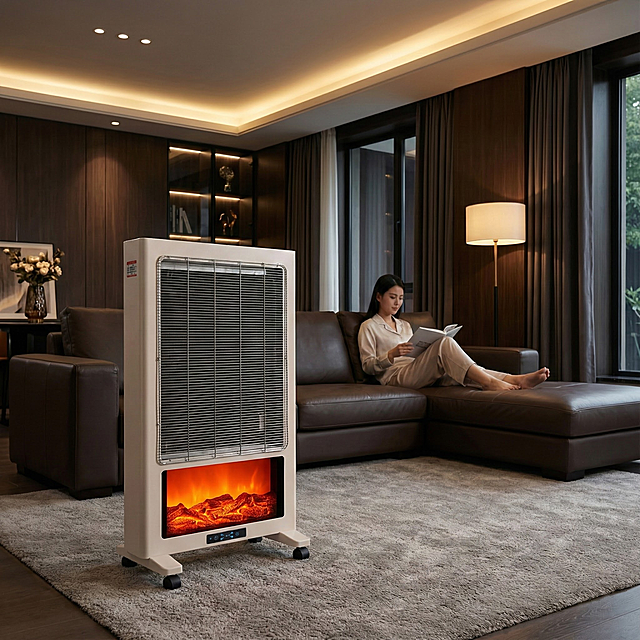 将暖风机放置于深色系客厅中，客厅背景高端大气，客厅灯光温馨温暖，沙发是超长高级的牛皮质感，沙发上坐着一位年轻的中国女人在看书，地毯颜色是浅灰色质感，暖风机占画面60%的面积，画面质感强，写实风格