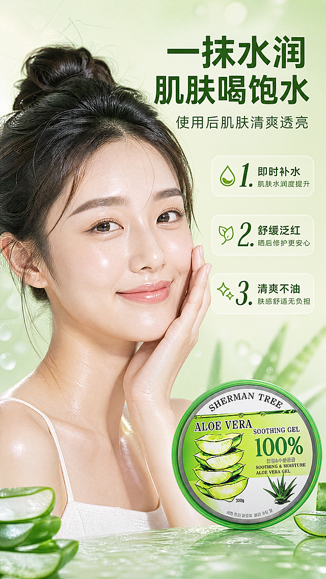 [商品] 使用【图1】SHERMAN TREE芦荟舒缓保湿凝胶；保留罐体完整外观、绿色包装、品牌字样；产品放置在画面右下角或模特手边。
[画面] 目标：真人效果展示，呈现使用后肌肤水润透亮状态。构图：亚洲年轻女性半身特写，约占画面65%，位于画面中左侧；模特肌肤水润有光泽，面带自然微笑，手轻轻触摸脸颊，呈现涂抹芦荟胶后的清爽状态；模特颈部和肩部肌肤也呈现水润质感；右下角放置产品罐，与人物自然融合；背景是淡绿色渐变水光氛围，有柔和光斑；右侧留白放编号卖点。
[视觉] 套系策略：风格=清新水润美妆商业摄影风；标题字=现代无衬线粗体；正文字=简洁无衬线体；主色=芦荟鲜绿色；背景延展=基于芦荟绿做深浅渐变、水光通透感、同色系层次；强调色=嫩黄绿色，仅用于小面积图标、引线和标签；标题色=深森林绿；正文色=中绿色；组件=圆角浅绿信息卡、细线水滴形引线；光影=左前侧柔光，产品表面有水光高光和通透感。
[文字] 右上角主标题"一抹水润 肌肤喝饱水"，副标题"使用后肌肤清爽透亮"；右侧3条编号效果：1. 即时补水 肌肤水润度提升 2. 舒缓泛红 晒后修护更安心 3. 清爽不油 肤感舒适无负担；文字全部横向排版，不遮挡模特面部。
[规格] 图片比例9:16竖版，4K，负向提示：避免变形、错字、文字过小、模特表情僵硬、产品包装文字错乱、医疗功效表述。