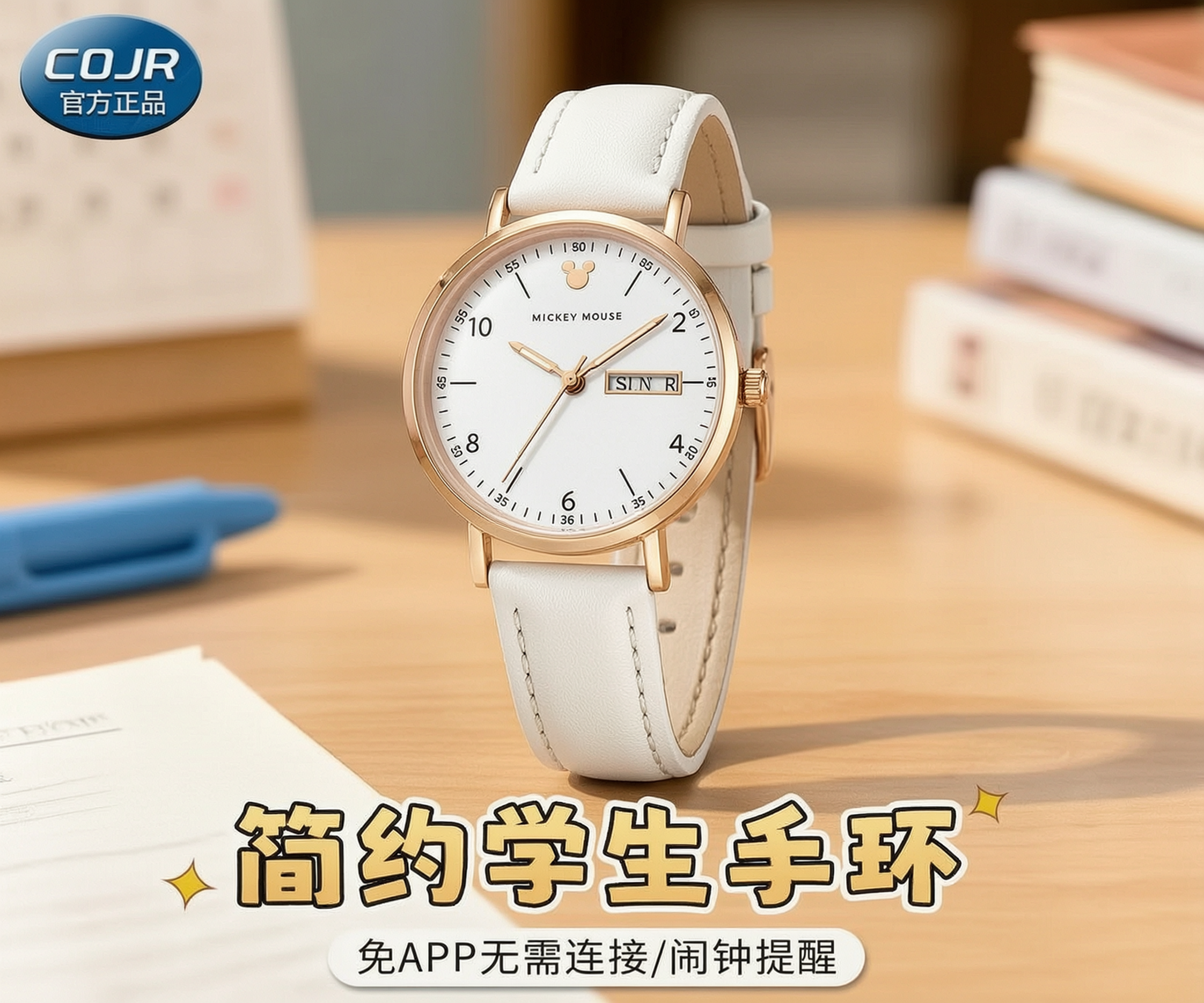 将图中的白色电子手环手表替换为迪士尼米奇女士手表：玫瑰金色圆形… - 图片创意预览