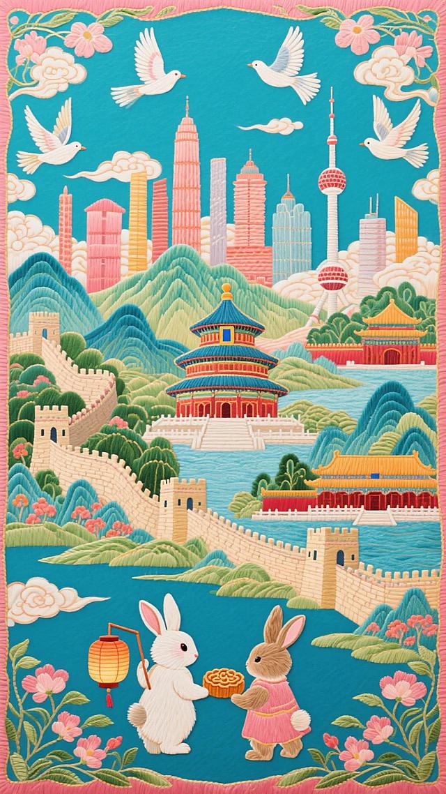 国潮风刺绣插画，融合长城、天坛与现代城市，拟人兔举灯笼共赏月饼，梦幻温馨，喜庆可爱，民族与现代交融。