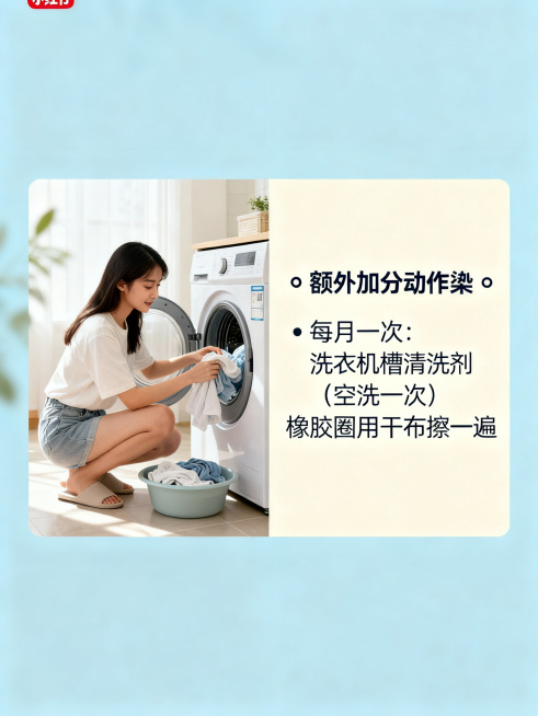 女生洗衣服教程小红书配图，额外加分动作页面，清新简约风格，展示文字内容："额外加分动作

📌 每月一次：
洗衣机槽清洗剂（空洗一次）
橡胶圈用干布擦一遍"，整体色调清新柔和，排版干净清晰，3:4比例预览效果