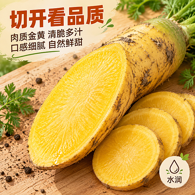 [主图-3] 细节与切面展示，主题：切开看品质 清脆多汁 内里金黄。
[统一基调] 整体风格为自然田园生鲜风，背景主色为暖土黄+田园绿，标题字色为深橙红色，辅助字色为深棕色，强调色为鲜绿色；字体样式为粗黑体标题+细黑体辅助文，字号层级分明，卡片样式为圆角浅米色半透明底，图标为简约线描风格。
[画面] 画面中央主体为一根被斜向切开的新疆黄萝卜，切面朝上，展示内部金黄密实的肉质，旁边放着半根完整的带皮萝卜和几片切好的圆片；萝卜切面水润有光泽，能看到细腻的肉质纹理，仿佛能感受到脆嫩口感；背景为浅米色木质砧板纹理，砧板上散落一两片翠绿的萝卜缨叶和少许泥土颗粒，增加真实感；主体占画面约60%，视角为俯视45度，微距特写质感。
[光影质感] 自然柔和的顶光，突出切面的水润光泽和肉质纹理，萝卜边缘有柔和阴影，砧板有木质纹理细节，整体光线干净明亮，生鲜美食摄影质感，强调食欲感。
[配色] 背景浅木色，主体金黄萝卜切面，点缀翠绿叶片，标题深橙红色，辅助文深棕色，整体温暖有食欲。
[文字版式] 画面左上角大标题粗黑体"切开看品质"，下方两行辅助文案"肉质金黄 清脆多汁""口感细腻 自然鲜甜"；右下角有一个水滴形小图标配文字"水润"；文字放在左上角负空间，不遮挡切面主体。
[输出要求] 比例1:1，文字清晰可读，产品清晰完整不变形，无错字，无水印，无平台Logo，无纸箱包装，不出现"大果"字样，切面细节清晰有食欲。