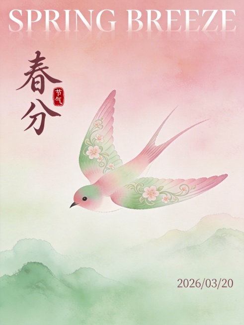 风格：豆沙粉+薄荷绿渐变，国风水彩晕染，柔和朦胧
画面：衔花燕子展翅，羽毛粉绿渐变，翅膀缠花，背景粉绿渐变山水
文字排版：
- 主标题：「春分」飘逸行草，竖排左侧，带红色「节气」印章
- 英文：「SP预览效果