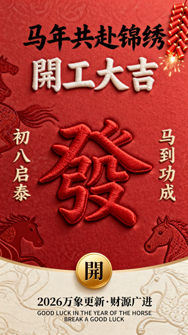 竖版国风刺绣风节日海报，正红色带马形暗纹肌理的纯色背景，底部衔接浅米色带暗纹肌理的纯色区域。画面中心是红色刺绣质感的“發”字，顶部是醒目的书法大字“马年共赴锦绣”，主标题“開工大吉”，左侧竖排“初八启预览效果