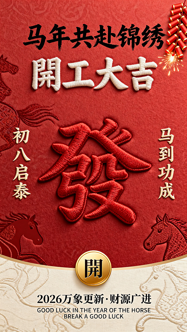 国潮风刺绣质感海报，红金配色尽显喜庆与中式韵味，大字“发”以浮雕刺绣呈现，马年元素呼应民族感，寓意开工大吉、财源广进。