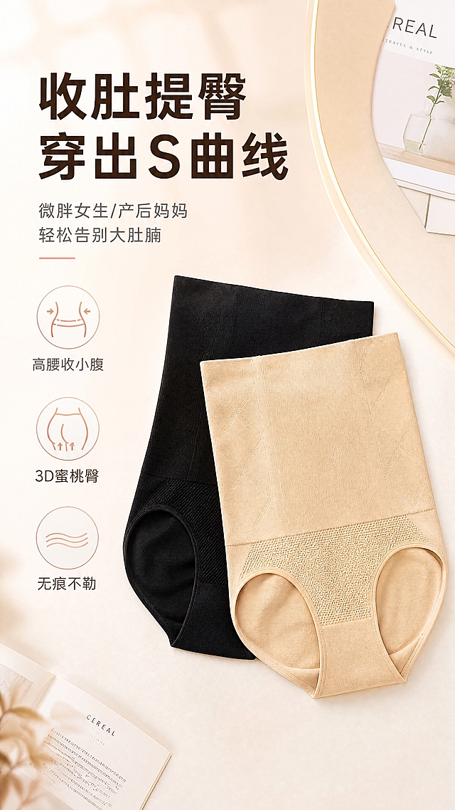 [商品] 使用【图9】黑色+肤色两款高腰收腹裤平铺同框图；商品处理：保留黑色与肤色两款高腰三角收腹裤款式、颜色、面料纹理、裤型结构和高腰高度；自然去除杂乱褶皱，增强两款面料质感与颜色对比，不改变版型、颜色和结构。
[画面] 目标：首张功能头图，突出收肚提臀核心价值与两色产品全貌。构图：左文右图，右侧为两款产品叠放平铺主视觉（肤色在前、黑色在后），左侧上半区留白放标题与核心卖点。产品占画面约60%。景别：产品平铺全景。阅读动线：左上主标题→副标题→3个卖点图标→右侧两色产品。前中后景：前景产品、中景白色细腻台面、后景暖米色渐变背景+杂志书页边角装饰。场景：干净暖调轻奢产品展示台，柔和顶光+侧光，旁边点缀杂志书页。
[视觉] 套系策略：风格=国内电商精致女性向商业摄影风，暖柔高级，影棚质感；标题字=现代柔美无衬线粗体，字重高，字形优雅；正文字=简洁无衬线体，字重适中；主色=奶茶裸肤+柔黑；背景延展=基于奶茶裸肤做深浅层级、同色渐变与细腻哑光/纸张质感，黑色用于产品与标题强调；强调色=玫瑰金浅粉，仅用于小面积图标、引线、标签和局部高光；标题色=深暖棕黑；正文色=中暖灰；组件=圆角浅底信息卡、细线引线、圆形小图标；光影=顶部暖柔光，产品立体感强，阴影柔和自然。
[文字] 左上主标题："收肚提臀 穿出S曲线"（大字号，深暖棕黑）；副标题："微胖女生/产后妈妈 轻松告别大肚腩"（中字号，中暖灰）；下方3个短卖点图标+文字："高腰收小腹"、"3D蜜桃臀"、"无痕不勒"。文字不遮挡产品主体。
[规格] 图片比例9:16竖版，4K，负向提示：避免变形、错字、文字过小、冷蓝/冷灰背景、产品颜色改变、版型失真、低俗擦边、绝对化用语、真人模特、人物。