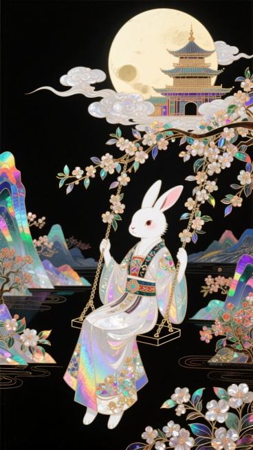 国潮，极繁主义，拟人化的白兔形象坐在秋千上，她的身后是广寒宫，她们居住在一轮巨大圆月上，秋千绳索装饰有桂花，祥云流动环绕整个画面，背景含大量中国风花卉元素和山水，迷幻，意识流，黑色背景预览效果