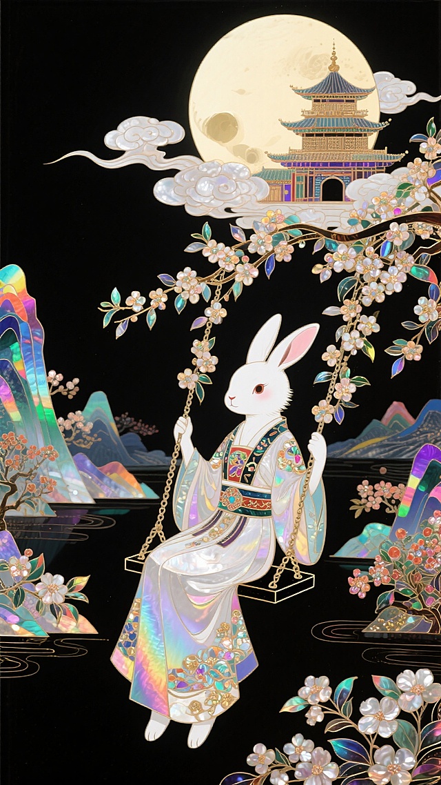国潮，极繁主义，拟人化的白兔形象坐在秋千上，她的身后是广寒宫，她们居住在一轮巨大圆月上，秋千绳索装饰有桂花，祥云流动环绕整个画面，背景含大量中国风花卉元素和山水，迷幻，意识流，黑色背景
