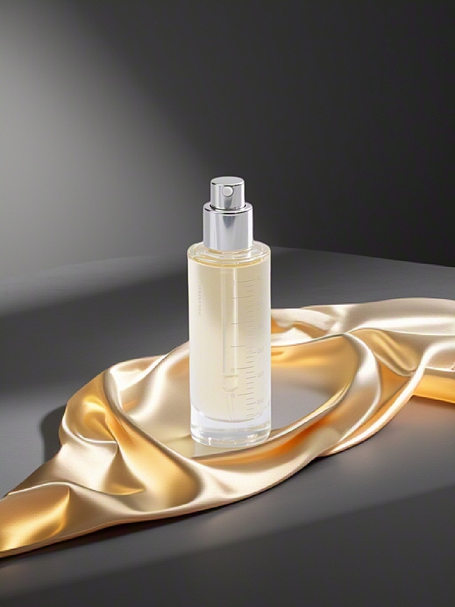 奢华优雅的3D香水瓶，金属与玻璃质感交织，重拟物风设计尽显高端品味。
