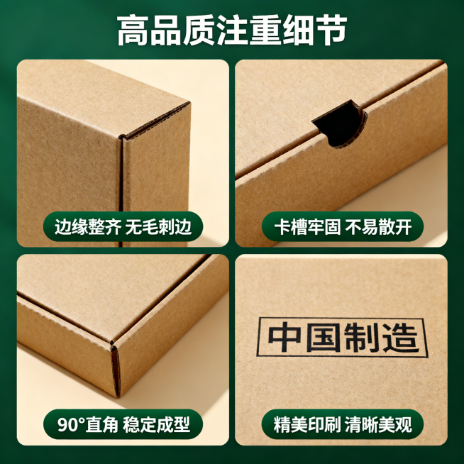 电商产品详情页，2×2网格布局，牛皮纸包装盒品质细节展示，顶部居中白色黑体大字标题"高品质注重细节"，整体深绿色外框背景；四张特写图依次排列：第一张是盒体边缘特写，下方配绿色底白色字标签"边缘整齐 无预览效果