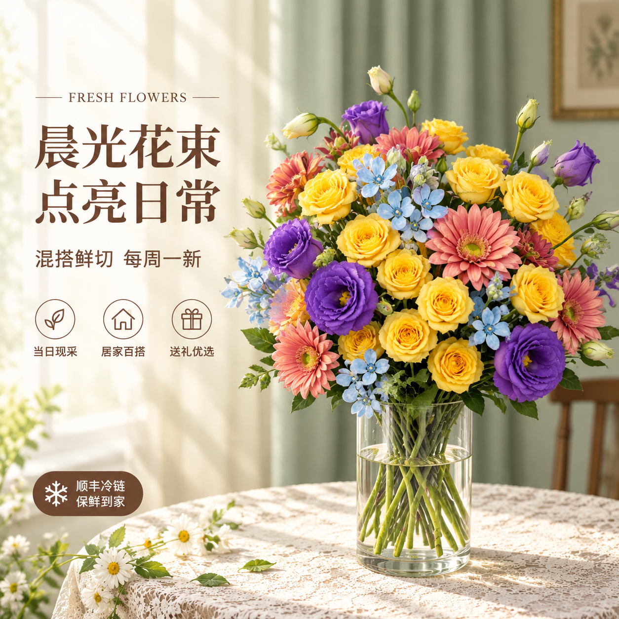[单张主图] 混搭鲜切花束电商主图，高级氛围感路线，将产品图中… - 图片创意预览