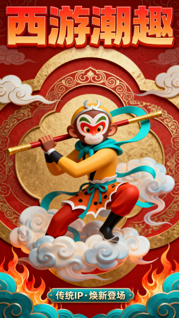 西游记主题电商海报，设计独特小众非大众款式，融合传统中国西游记元素，包含孙悟空、金箍棒、祥云等国风符号，整体视觉冲击力强，吸引眼球，国风国潮设计风格，构图层次丰富，色彩鲜明，适合电商宣传推广预览效果