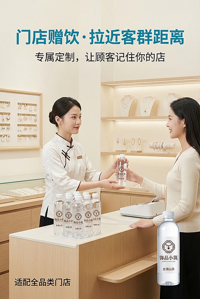 2:3竖版电商详情图，新中式极简风，杂志级场景化排版。画面主体：义乌商贸城精品饰品店商铺场景，收银台处摆放金澜山泉360ml定制矿泉水，店员正将定制水递给顾客，瓶身定制了商铺LOGO与店名。背景为简约的商铺内部，浅色系装修，陈列精致饰品。信息布局：画面中上部为主标题“门店赠饮・拉近客群距离”，颜色为青蓝色；副标题“专属定制，让顾客记住你的店”，颜色为炭黑色；画面左下角标注“适配全品类门店”。主标题使用思源黑体加粗，副标题使用思源黑体常规，文字符合品牌色彩规范。严格还原产品图的包装设计、颜色、LOGO位置、文字内容、图案元素等所有细节，产品与场景物体大小比例协调，视觉比例1:1，无突兀感。整体设计贴近目标场景，真实感强，人物动作自然，产品融入场景，排版符合杂志场景页风格。避免商铺场景杂乱，人物形象失真，产品比例失调，LOGO错误，非义乌商贸城风格，低清晰度，包装细节缺失，光影刺眼。
