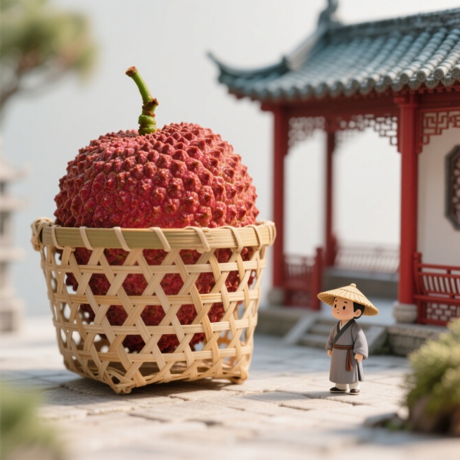 巨大的荔枝置于有镂空图案的竹篮中，背景是一处古代的庭院回廊，一个迷你古风小人站在旁边，与荔枝形成巨大比例反差。预览效果