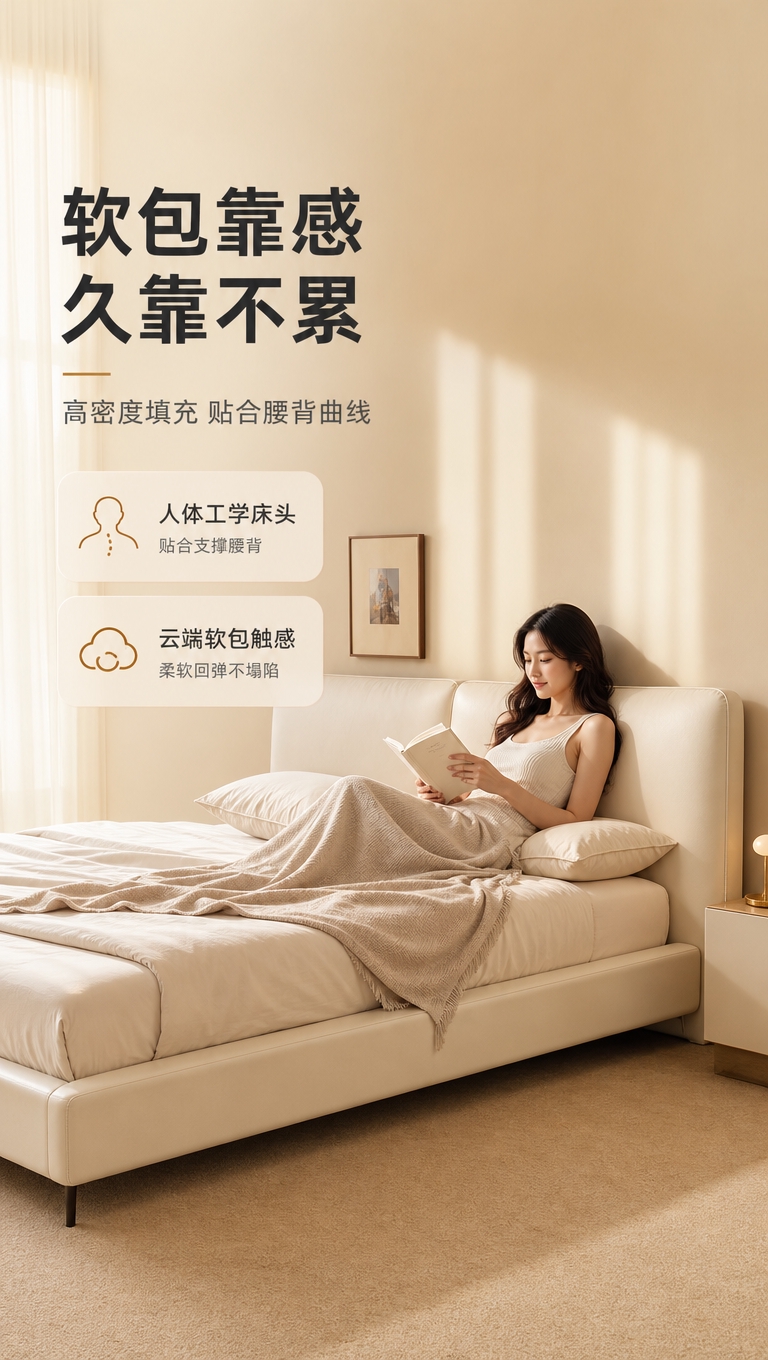 [商品] 使用【图1】米白色意式极简软包床；保留床头双块软包造… - 图片创意预览