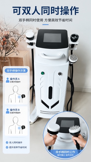 [第4屏] 核心功能实测-展示可双人同时操作的设计优势。本屏使用【图6】作为主机主体，添加双手柄操作示意。
[氛围/风格] 实用功能展示，真实操作场景，专业简洁。
[元素布局] 主机主体居中，展示两侧预览效果