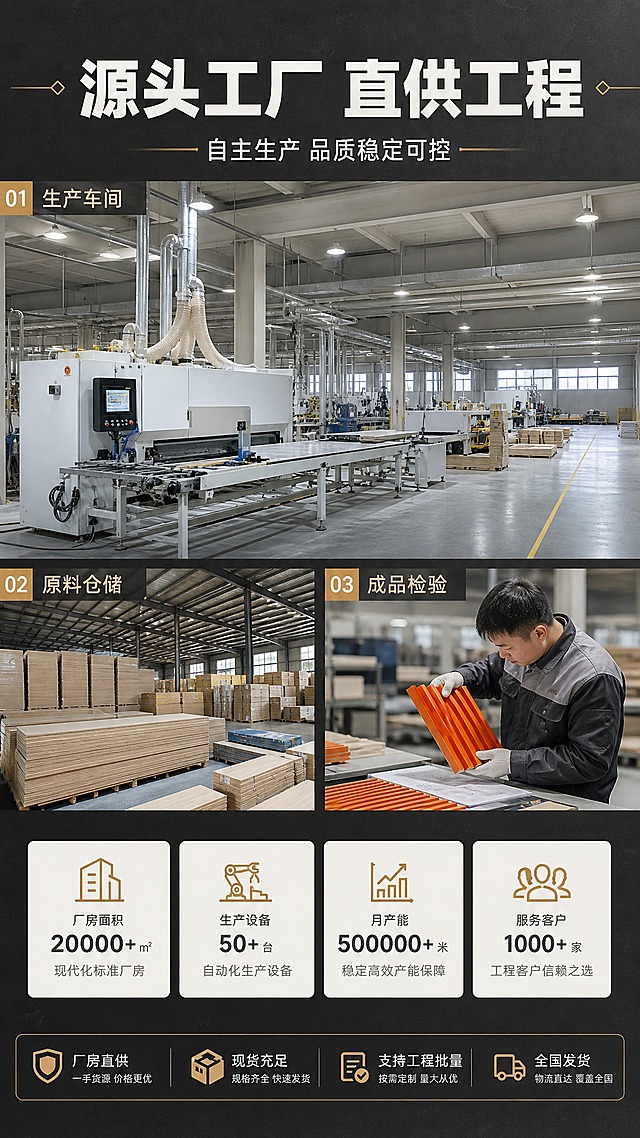 [商品] 使用【图1】实木格栅正面图；保留柘条结构与颜色质感，商业精修。
[画面] 第8屏工厂实力展现：采用上中下分区构图。上部约45%为工厂车间实景大图，展示整洁明亮的木制品生产线与自动化加工设备。中部约30%为左右双栏：左栏为板材原料与成品整齐堆叠的仓储场景，右栏为质检环节场景。下部约25%为工厂实力信息卡（厂房面积、生产设备、月产能、服务客户）。深石墨灰背景配浅石白卡片，满版无边框。
[视觉] 套系策略：风格=B端建材沉稳大气专业商业摄影；标题字=现代无衬线粗体；正文字=简洁无衬线体；主色=深石墨灰+浅石白；背景延展=深石墨灰与浅石白双图层级渐变，配细腻微水泥与木纹质感；强调色=暖铜金，仅用于小面积图标、引线、序号块和标签；标题色=浅石白；正文色=浅灰；组件=直角细线信息卡、细线引线、序号编号块；光影=硬朗侧顶光+柔和漫射光。
[文字] 主标题"源头工厂 直供工程"，副标题"自主生产 品质稳定可控"；场景标签：生产车间、原料仓储、成品检验；信息卡：厂房直供、现货充足、支持工程批量、全国发货。文字全部横排。
[规格] 比例9:16，2K分辨率，场景真实，文字可读。避免变形、错字、模糊、杂乱、水印、平台Logo。