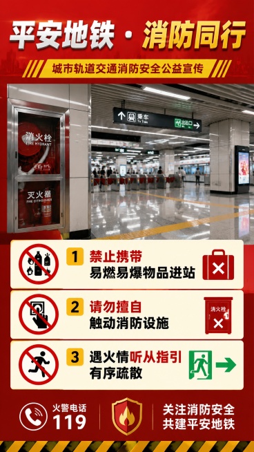 醒目严肃公益宣传海报，主题是“平安地铁・消防同行”城市轨道交通消防安全宣传，包含地铁站厅消防场景背景，整体风格符合安全警示调性，色彩适配地铁站厅张贴。画面包含核心标语：主标题“平安地铁・消防同行”，副预览效果