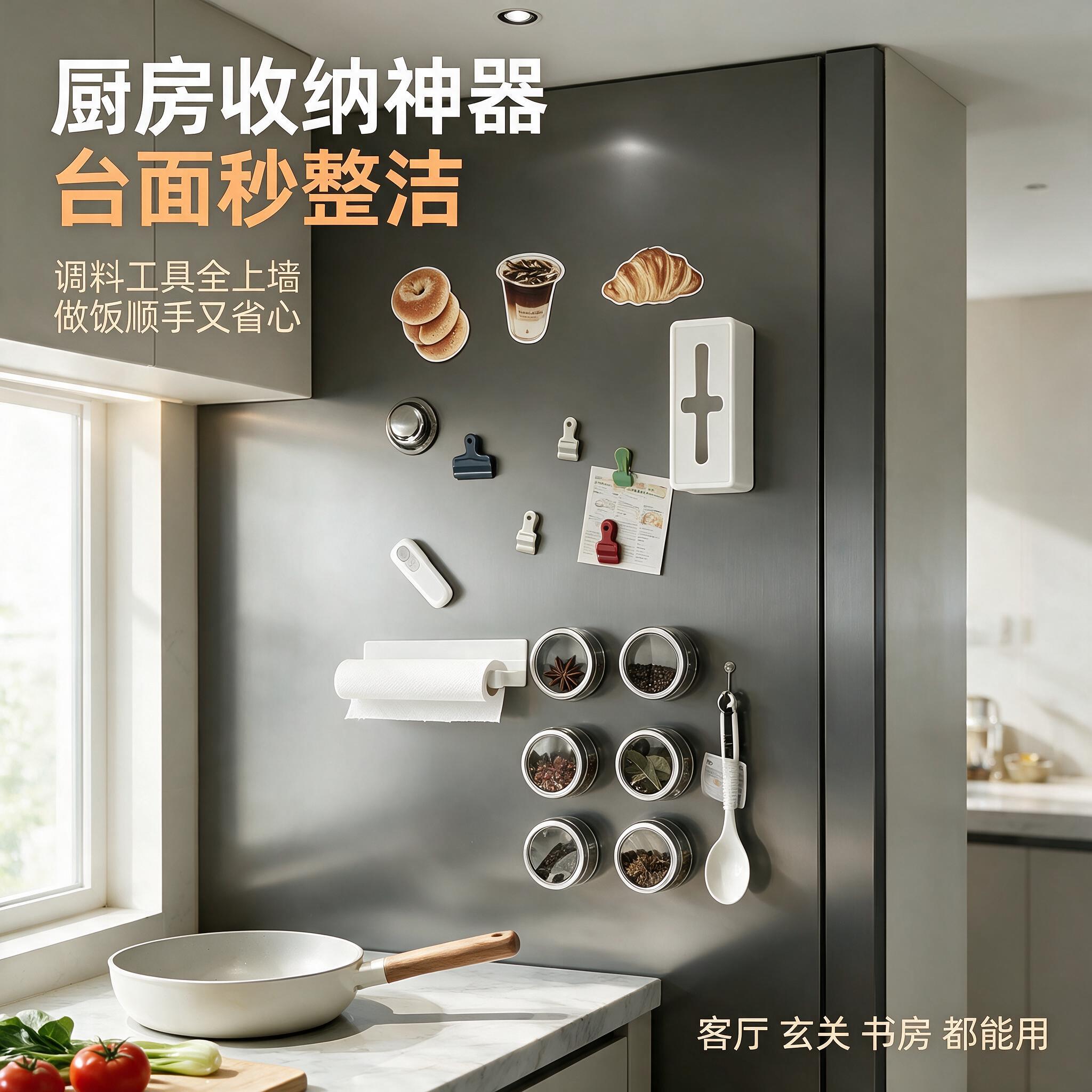 [主图-4] 适用场景与收纳方案多用，展示磁吸收纳系统在厨房场… - 图片创意预览