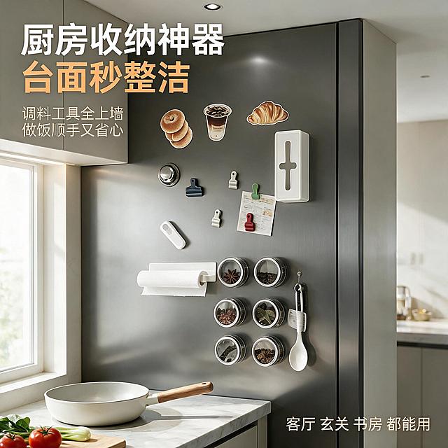 [主图-4] 适用场景与收纳方案多用，展示磁吸收纳系统在厨房场景中的实际使用效果，说明产品能解决的实际问题。
[统一基调] 现代简约家居风格，干净明亮，专业品质感；背景主色为深灰金属墙面+浅米色厨房环境，标题字色为白色加粗，辅助字色为浅米色，强调色为暖橙色；字体为无衬线粗体，字号层级分明。
[画面] 现代简约厨房场景，深灰色金属磁吸墙安装在厨房操作台旁的墙面上，墙上磁吸着各种收纳配件：六个透明调料罐整齐排列装着不同烹饪香料，白色纸巾盒挂在右侧方便抽取，磁吸挂钩上挂着锅刷和小汤勺，彩色夹子夹着食谱卡片，美食造型磁吸贴点缀其中。下方是浅灰色大理石台面，台面上放着一口白色平底锅和一些新鲜蔬菜（番茄、青菜），旁边有一个木质菜板。展示厨房场景下收纳系统的实用性和便捷性。产品占比约60%，场景自然真实。
[光影质感] 家居生活摄影质感，自然窗边柔光+厨房顶灯照明，整体明亮温暖，金属墙面有柔和反光，收纳配件与墙面自然融合无悬浮感，厨房场景真实有生活气息。
[配色] 深灰金属墙面，浅米色厨房空间，木色台面点缀，白色收纳配件，绿色蔬菜和红色番茄增加生活色彩，暖橙色强调色。
[文字版式] 画面左上角大字标题"厨房收纳神器 台面秒整洁"，标题下方小字"调料工具全上墙 做饭顺手又省心"；画面右下角放一行小字"客厅 玄关 书房 都能用"。文字白色为主，核心卖点用暖橙色，全部横排，放在画面负空间不遮挡产品和场景。
[输出要求] 1:1正方形比例，2K高清，场景自然真实，产品清晰，文字清晰可读，无错字，无水印，无平台Logo，无杂乱元素。