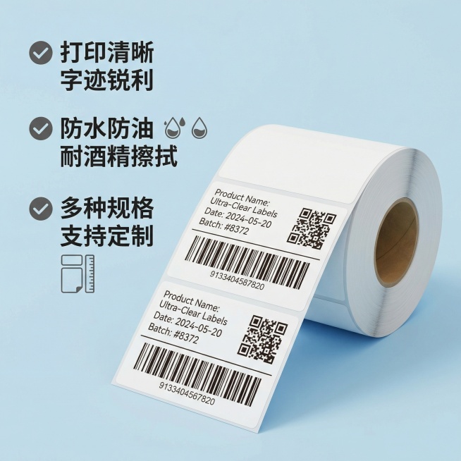 [主图 2 核心卖点] 主图主题：热敏标签纸打印清晰卖点展示 氛围风格：干净专业，功能实证，简洁突出。画面元素：特写展示打印好的热敏标签，标签上文字线条清晰锐利，旁边放置整卷标签纸，放置在干净浅蓝背景预览效果
