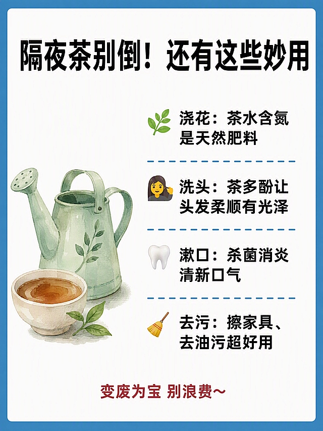 小红书笔记内页科普图，插图大字，ins清新健康科普风，版式骨架、分区比例、色调体系与参考图保持一致（相似度约70%），版式精美，小红书笔记内页质感，信息清晰易读。顶部大标题逐字锁定：「隔夜茶别倒！还有这些妙用」，黑色粗体醒目。下方列出4条妙用，每条前带对应emoji：🌿「浇花：茶水含氮 是天然肥料」、💇「洗头：茶多酚让头发柔顺有光泽」、🦷「漱口：杀菌消炎 清新口气」、🧹「去污：擦家具、去油污超好用」，底部小字「变废为宝 别浪费～」。背景：蓝色边框+白色内底，与参考图一致的蓝白清爽配色。文字样式：扁平粗黑体，要点文字黑色，emoji彩色。插图：左侧配一个浇花水壶+茶杯的水彩插画，风格与参考图水彩插画一致。装饰：蓝色虚线分隔每条妙用，位置克制。整体氛围：生活妙招、实用有趣、变废为宝感。画质：高清细腻，信息层级清晰，文字完整处于安全区内不可裁切，四周留安全边距。画面比例3:4，4K。图生图：严格使用用户上传图片，【图1】= 版式与风格参考图，保留蓝边框白底、图文布局、水彩插画风格与虚线分隔，替换文案与插画为隔夜茶妙用主题。