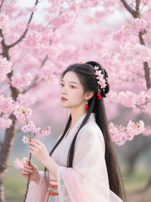 一位身着古风服饰的女子，她身处一片盛开的粉色花树之中。女子长发披肩，发间点缀着花朵，搭配红色耳饰，尽显古典雅致。她手持花枝，衣袂飘飘，背景的花朵繁茂艳丽，营造出一种唯美、浪漫的氛围，仿佛描绘了一个春日预览效果