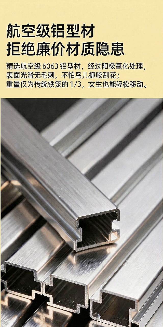 进行两处修改：1. 将上方文字区域的浅灰色背景修改为淡黄色；2. 将正文文字“不怕猫咪抓咬刮花”中的“猫咪”改为“鸟儿”，保持其他所有文字、下方铝型材图片完全不变，字体颜色和位置不变，保持整体风格自然协调
