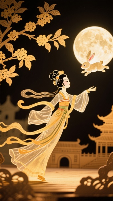 前景是桂花树的枝叶，中景是嫦娥奔月，玉兔也飞翔在她身边，背景是一个巨大的月亮，月球下有一座古代宫殿的剪影，皮影戏风格预览效果