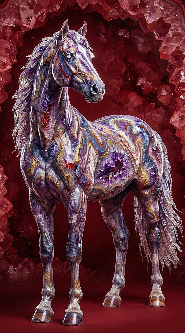 梦幻水晶马，岩彩与玻璃风交融，3D重拟物呈现神秘奢华感，虚拟自然中的唯美元素，优雅姿态尽显奇幻之美。