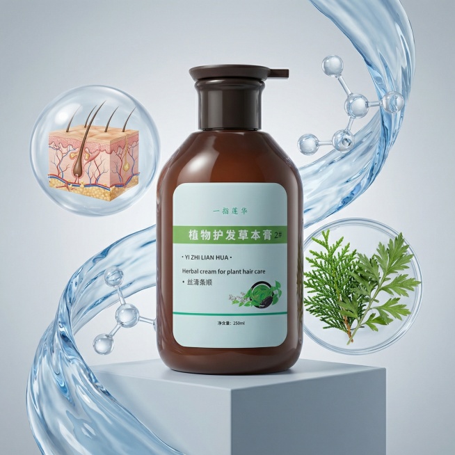 主体为深棕色泵头洗发水瓶身，标签是浅绿底色搭配草本植物图案，置于浅灰色几何立方体台面上。背景是浅灰色渐变，左侧悬浮着透明球体包裹的头皮横截面（含毛囊、毛细血管细节），右侧是培养皿盛放的新鲜侧柏叶 /预览效果