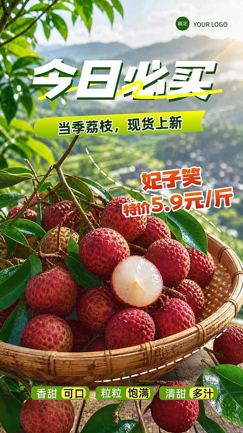 商超生鲜荔枝特卖促销宣传手机实景风竖版海报