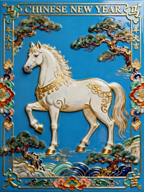 华丽装饰插画，主体是白马形象，搭配装饰化松树（具华丽纹样），环绕彩色装饰纹样，画面顶部 “CHINESE NEW YEAR”，四角“马年大吉”。色彩以亮粉、金为主，搭配多彩纹样，氛围精致华丽，亮蓝色背预览效果
