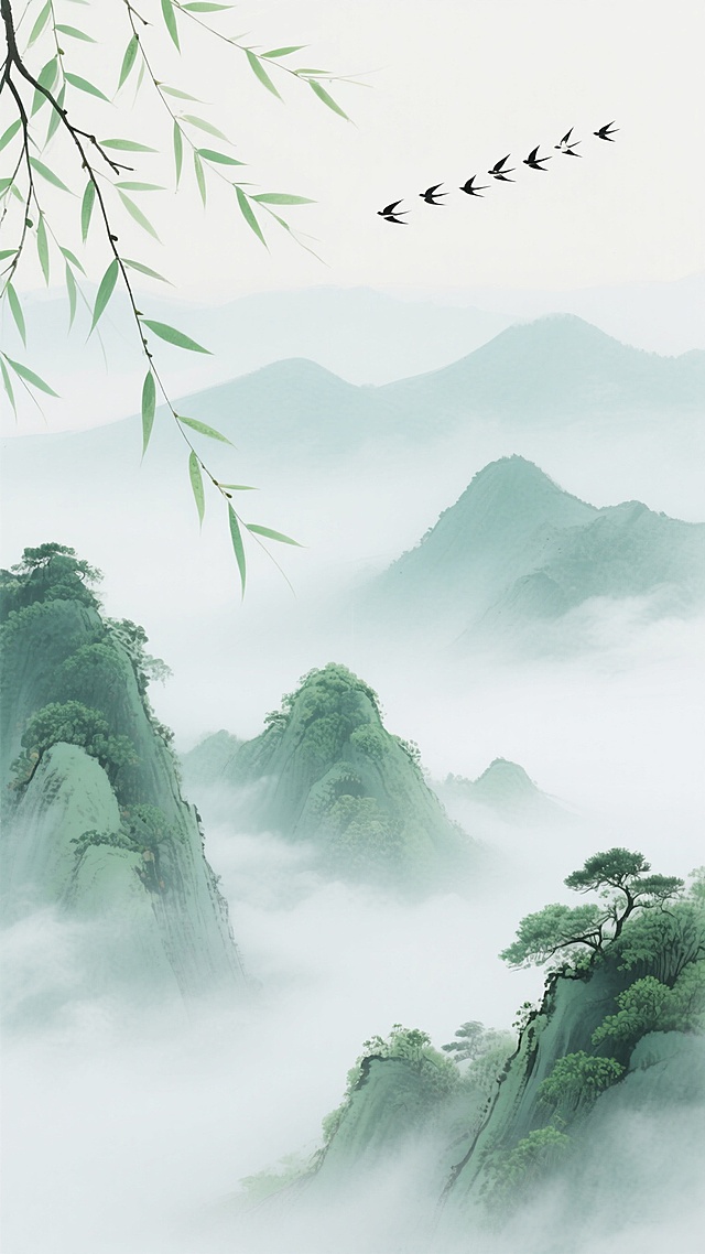 中国水墨画风格的山水背景，以淡雅的青绿色和白色为主色调，远山在朦胧的雾气中若隐若现，近景有几座被翠绿植被覆盖的山峰，山间云雾缭绕，呈现出轻盈通透的质感，左上角有几枝嫩绿的柳条自然垂落，枝干纤细，叶片舒展，右上角有一群飞鸟呈人字形排列，在空中自由翱翔，整体画面构图采用远景、中景、近景结合的层次布局，营造出宁静悠远、空灵淡雅的氛围，笔触柔和细腻，色彩过渡自然，充满东方禅意的意境。