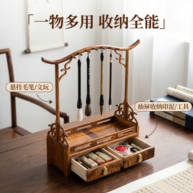 [主图 3] 金丝楠木毛笔架功能收纳展示主图。保持产品外观（物理结构、材质质感、颜色）与输入产品图绝对一致，杜绝任何变形和色差，精细化处理。展示毛笔架打开双抽屉的收纳功能，上半部分挂3支毛笔，抽屉内摆预览效果
