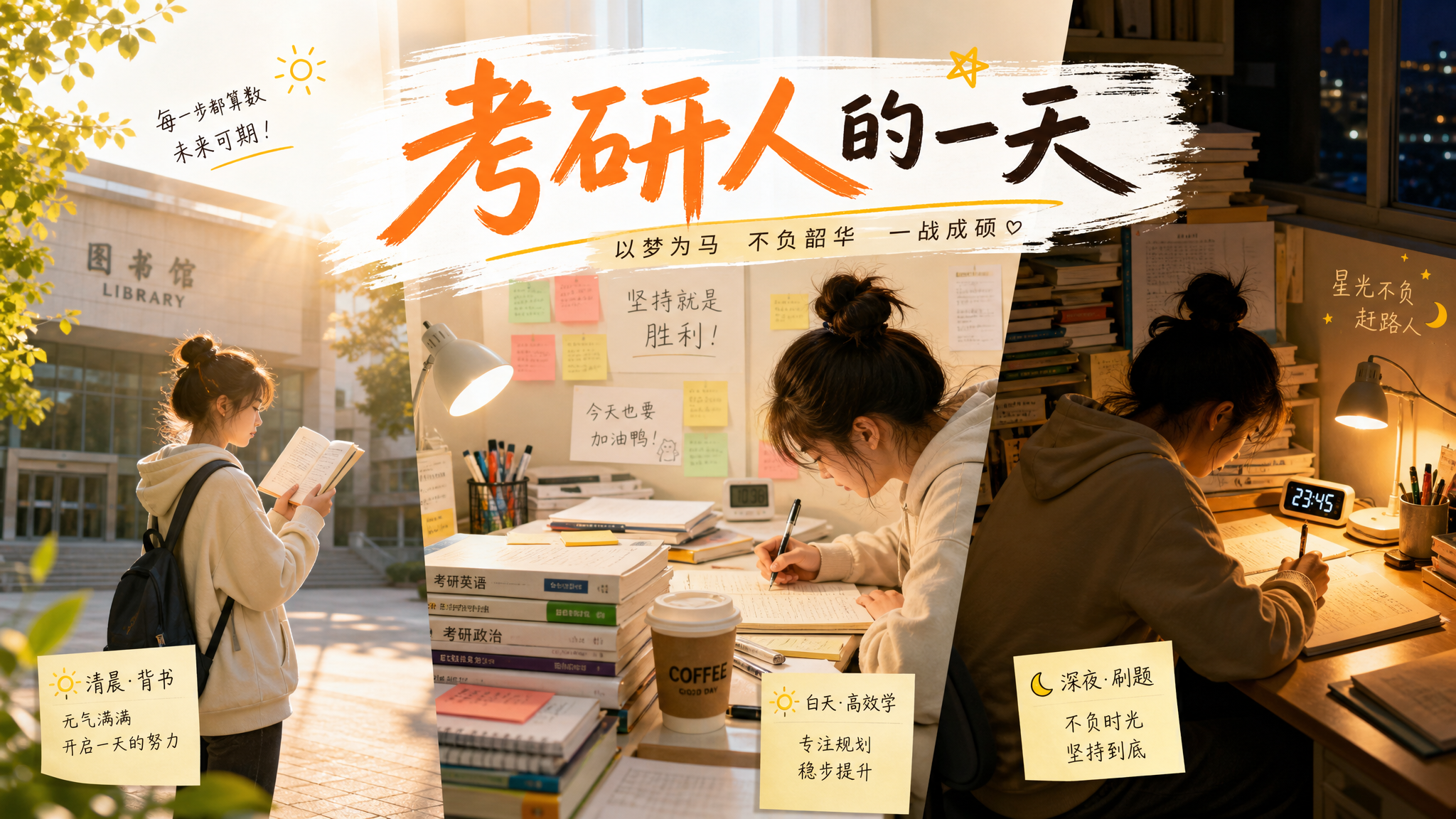 考研人的一天，清晨图书馆门口背书，书桌前堆满复习资料，台灯下深… - 图片创意预览