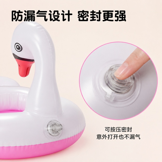 「图片1」「图片1」，生成电商主图（5张），商品名称是白色飞鹅坐圈，卖点是加深坐兜，贴合人体结构预防侧翻，与水流变化设计 清凉畅游，防漏气设计，可以按下去，密封性更强，即使无意打开也不会漏气，安全又舒预览效果